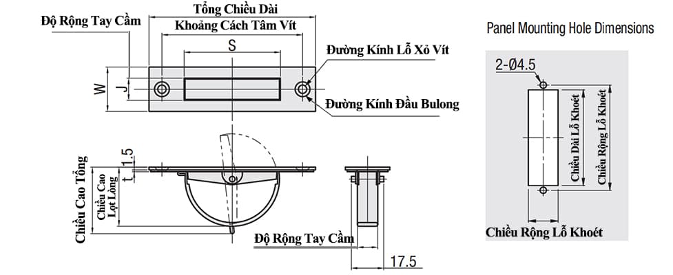 Bản vẽ kỹ thuật Tay Nắm Cửa Xoay Inox 304 W 12 mm x L 115 mm (UWAKS115)