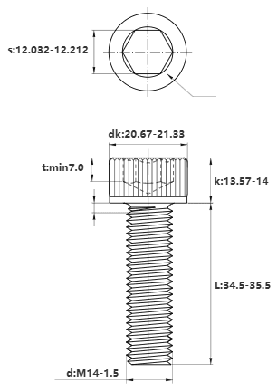 Bản vẽ kỹ thuật Lục Giác Chìm Đầu Trụ Thép Đen 12.9 DIN912 M14x1.5x35 Ren Nhuyễn