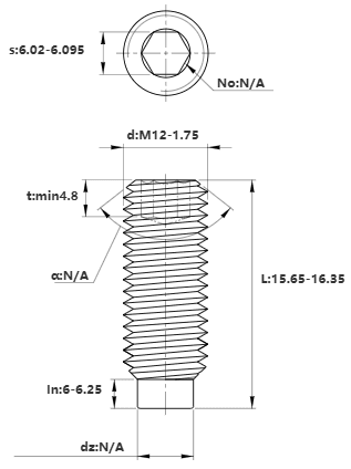 Bản vẽ kỹ thuật Vít Trí Đuôi Trụ Thép Đen 10.9 DIN915 M12x16