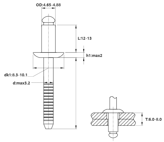 Bản vẽ kỹ thuật Rivet Inox 304 OD4.8x12mm (500 Cái)