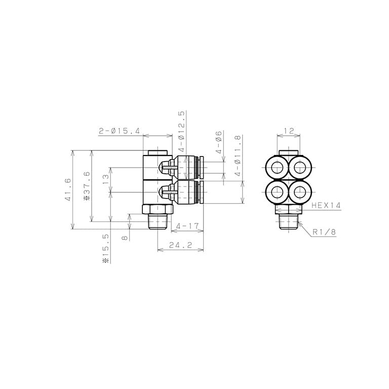 Bản vẽ kỹ thuật Đầu Nối Nhanh Khí Nén Bốn Nhánh Cong 90° Thân Lục Giác Trụ Ren Ngoài Pisco PAW6-01W