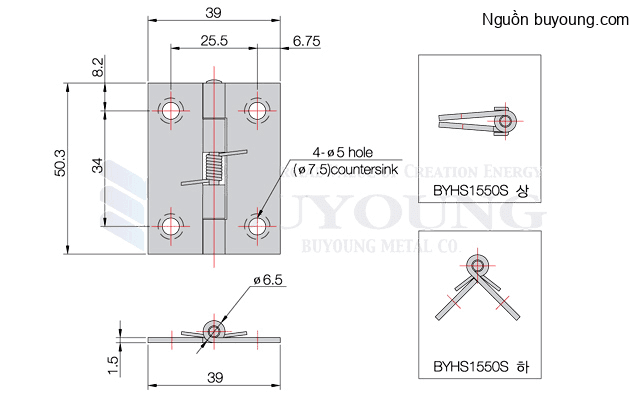 Bản vẽ kỹ thuật Bản lề lò xo 180° inox 304 Buyoung 39x50.3 BYHS1550S-B