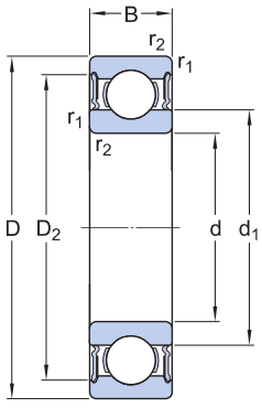 Bản vẽ kỹ thuật Vòng Bi Cầu Rãnh Sâu SKF 6306-2RS1/C3 (30x72x19) Phốt Cao Su NBR Tiếp Xúc (Hai Bên)