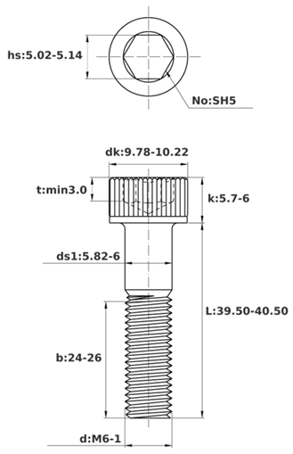 Bản vẽ kỹ thuật Lục Giác Chìm Đầu Trụ Thép Đen 12.9 DIN912 M6x40 Ren Lửng (25Cái/Bịch)