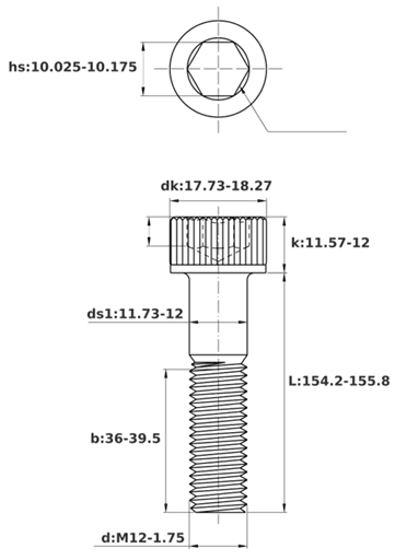 Bản vẽ kỹ thuật Lục Giác Chìm Đầu Trụ Thép Đen 12.9 DIN912 M12x155 Ren Lửng