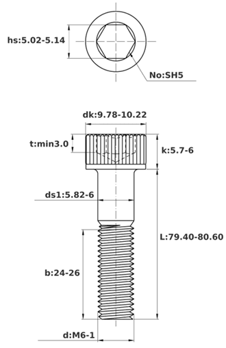 Bản vẽ kỹ thuật Lục Giác Chìm Đầu Trụ Thép Nhúng Nóng Kẽm 12.9 DIN912 M6x80 Ren Lửng