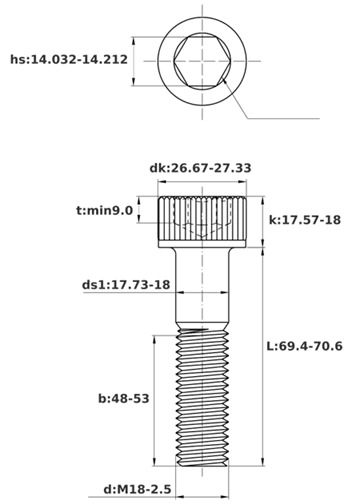 Bản vẽ kỹ thuật Lục Giác Chìm Đầu Trụ Thép Đen 12.9 DIN912 M18x70 Ren Lửng