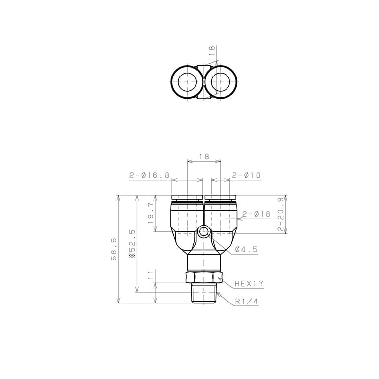 Bản vẽ kỹ thuật Đầu Nối Nhanh Khí Nén Dạng Chữ Y Ren Ngoài Pisco PX10-02SUS