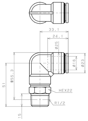 Bản vẽ kỹ thuật Đầu Nối Nhanh Khí Nén Cong 90° Phi 16mm Ren Ngoài R1/2 Pisco PL16-04