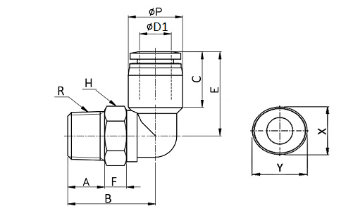 Bản vẽ kỹ thuật Đầu Nối Khí Cong Ren Ngoài SANG-A GPL0601