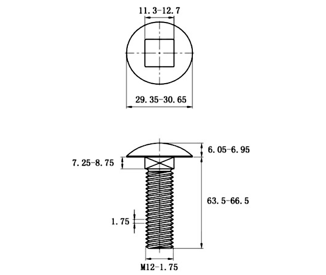 Bản vẽ kỹ thuật Bulong Cổ Vuông Inox 304 DIN603 M12x65