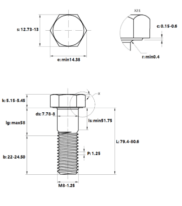 Bản vẽ kỹ thuật Bulong Nhúng Nóng 8.8 DIN931 M8x80 Ren Lửng