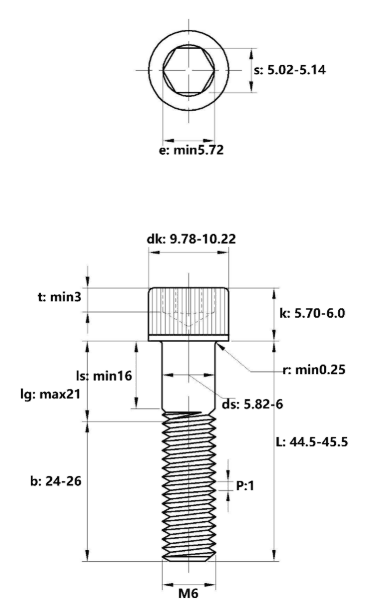 Bản vẽ kỹ thuật Lục Giác Chìm Đầu Trụ Thép Đen 12.9 DIN912 M6x45 (25Cái/Bịch)