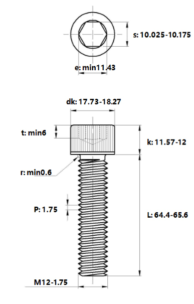 Bản vẽ kỹ thuật Lục Giác Chìm Đầu Trụ Thép Đen 12.9 DIN912 M12x65