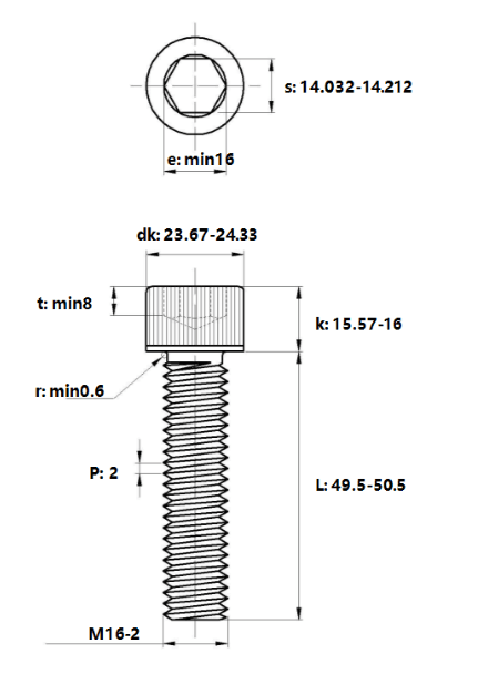 Bản vẽ kỹ thuật Lục Giác Chìm Đầu Trụ Thép Đen 12.9 DIN912 M16x50