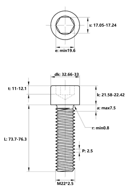 Bản vẽ kỹ thuật Lục Giác Chìm Đầu Trụ Thép Đen 12.9 DIN912 M22x75
