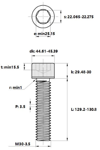 Bản vẽ kỹ thuật Lục Giác Chìm Đầu Trụ Thép Đen 12.9 DIN912 M30x130