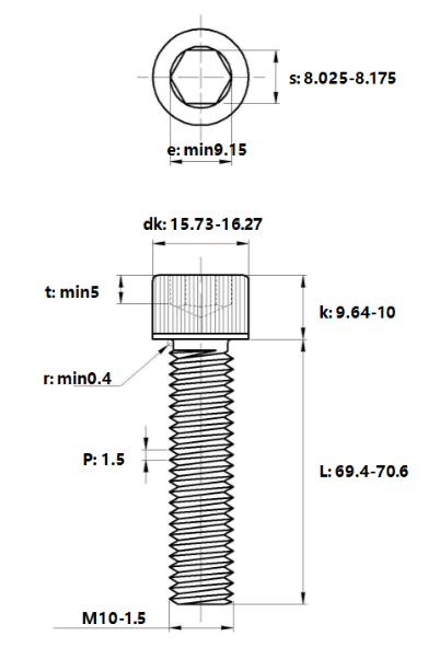 Bản vẽ kỹ thuật Lục Giác Chìm Đầu Trụ Thép Đen 12.9 DIN912 M10x70 (25Cái/Bịch)