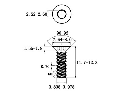 Bản vẽ kỹ thuật Lục Giác Chìm Col Thép Mạ Kẽm Trắng Cr3+ 10.9 DIN7991 M4x12
