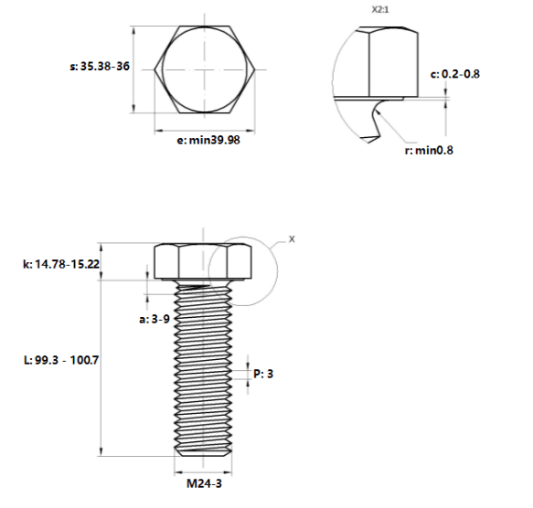 Bản vẽ kỹ thuật Bulong Thép Đen 8.8 DIN933 M24x100