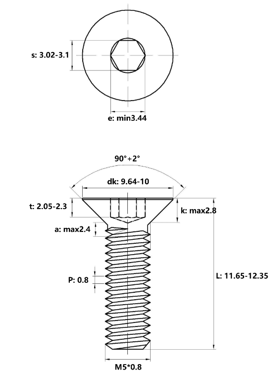Bản vẽ kỹ thuật Lục Giác Chìm Col Thép Đen 10.9 DIN7991 M5x12 (50Cái/Bịch)