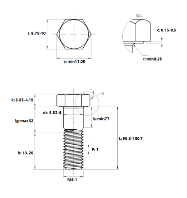 Bản vẽ kỹ thuật Bulong Mạ Kẽm Trắng Cr3+ 8.8 DIN931 M6x100 Ren Lửng