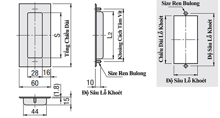 Bản vẽ kỹ thuật Tay Nắm Cửa Âm Inox 304 Đánh Xước L 100 mm (UWAUNS120)