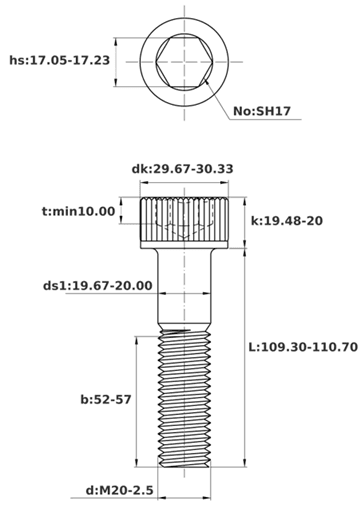 Bản vẽ kỹ thuật Lục Giác Chìm Đầu Trụ Thép Đen 12.9 DIN912 M20x110 Ren Lửng