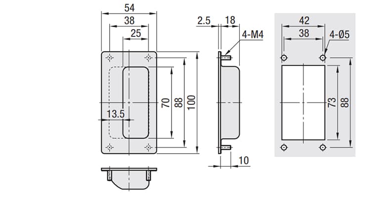 Bản vẽ kỹ thuật Tay Nắm Cửa Âm Inox 304 W 54 mm x L 100 mm (UWUANAB)