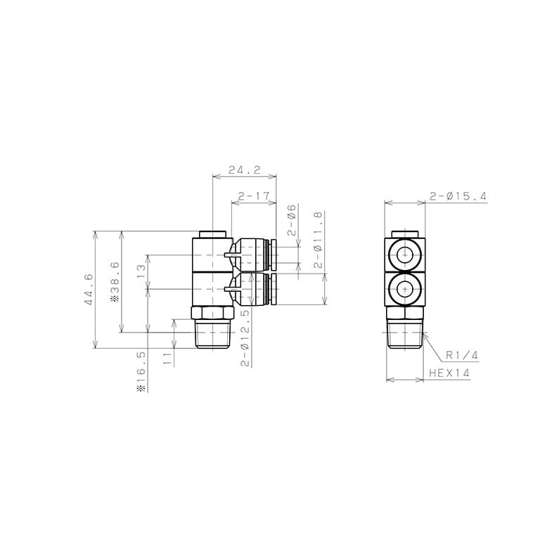 Bản vẽ kỹ thuật Đầu Nối Nhanh Khí Nén Hai Nhánh Cong 90° Thân Lục Giác Trụ Ren Ngoài Pisco PHW6-02