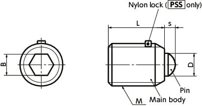 Bản vẽ kỹ thuật Vít Bi Nhún Thép Mạ Đen M5 Có Khoá NyLon NBK Dòng PSS-2