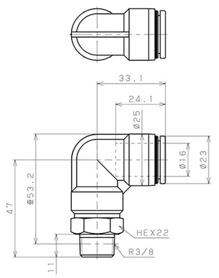 Bản vẽ kỹ thuật Đầu Nối Nhanh Khí Nén Cong 90° Phi 16mm Ren Ngoài R3/8 Pisco PL16-03
