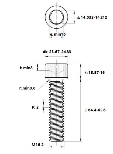 Bản vẽ kỹ thuật Lục Giác Chìm Đầu Trụ Thép Đen 12.9 DIN912 M16x65