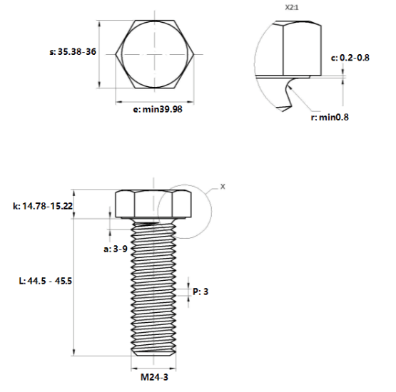Bản vẽ kỹ thuật Bulong Thép Đen 8.8 DIN933 M24x45