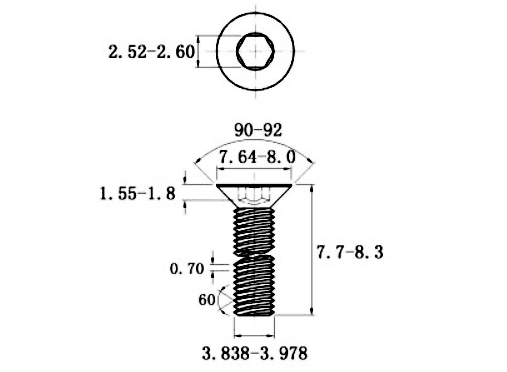 Bản vẽ kỹ thuật Lục Giác Chìm Col Thép Mạ Kẽm Trắng Cr3+ 10.9 DIN7991 M4x8