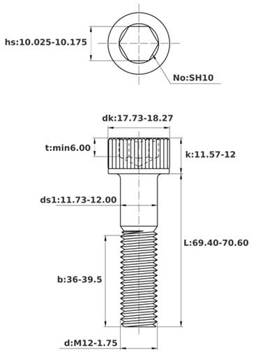 Bản vẽ kỹ thuật Lục Giác Chìm Đầu Trụ Thép Đen 12.9 DIN912 M12x70 Ren Lửng (25Cái/Bịch)