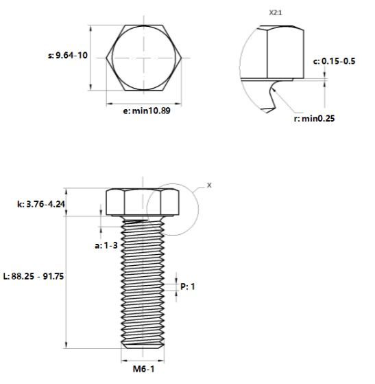Bản vẽ kỹ thuật Bulong Thép Đen 8.8 DIN933 M6x90