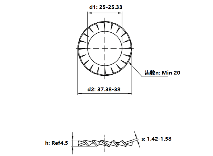 Bản vẽ kỹ thuật Lông Đền Răng Ngoài Loại A Thép Mạ Kẽm DIN6798A M24