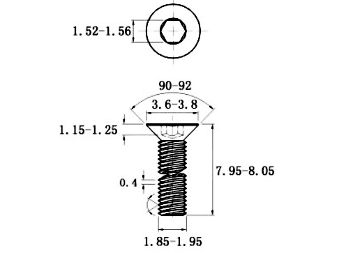 Bản vẽ kỹ thuật Lục Giác Chìm Col Thép Đen 10.9 DIN7991 M2x8