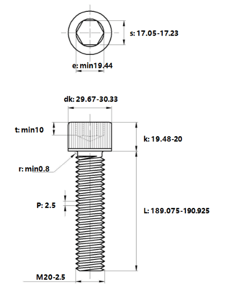 Bản vẽ kỹ thuật Lục Giác Chìm Đầu Trụ Thép Đen 12.9 DIN912 M20x190