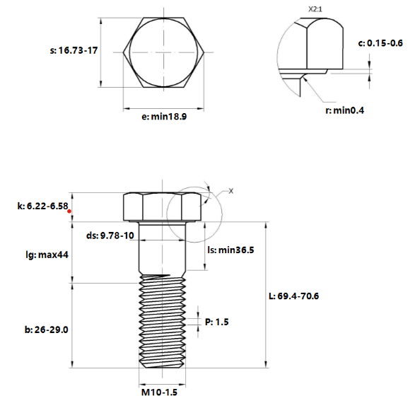 Bản vẽ kỹ thuật Bulong Thép Đen 8.8 DIN931 M10x70 Ren Lửng