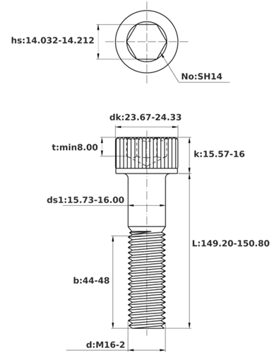 Bản vẽ kỹ thuật Lục Giác Chìm Đầu Trụ Thép Đen 12.9 DIN912 M16x150 Ren Lửng