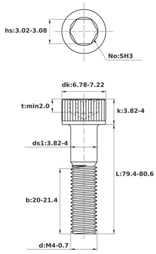 Bản vẽ kỹ thuật Lục Giác Chìm Đầu Trụ Thép Đen 12.9 DIN912 M4x80 Ren Lửng