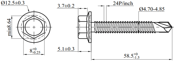 Bản vẽ kỹ thuật Vít Tôn Đầu Lục Giác MS-PRO 4.8x60mm (200 Cái)