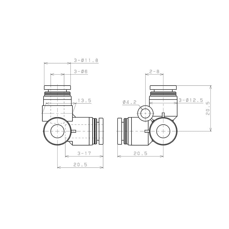 Bản vẽ kỹ thuật Đầu Nối Nhanh Khí Nén Chạc Ba 90° Pisco PVU6