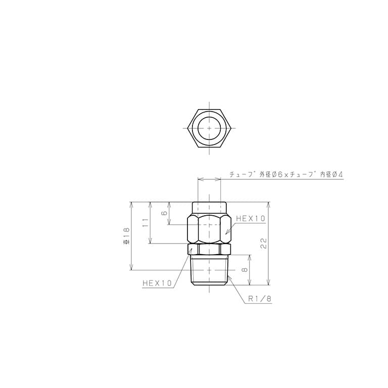 Bản vẽ kỹ thuật Đầu Ngạnh Nối Ống Có Đai Ốc Xiết Dạng Thẳng Thân Lục Giác Ren Ngoài Pisco NKC0640-01