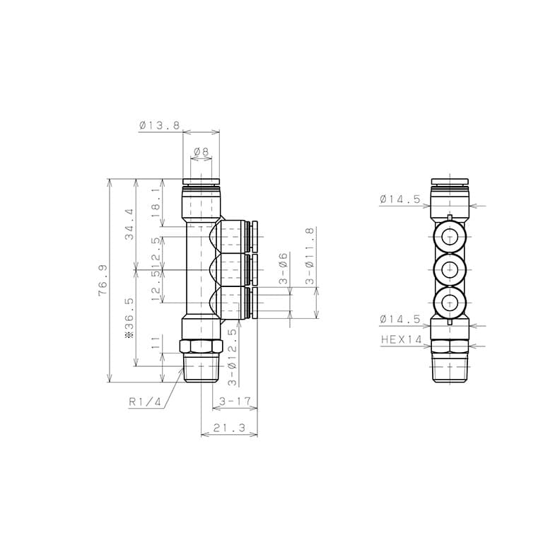 Bản vẽ kỹ thuật Đầu Nối Nhanh Khí Nén Dạng Chữ T Bốn Nhánh Ren Ngoài Pisco PKD8-6-02