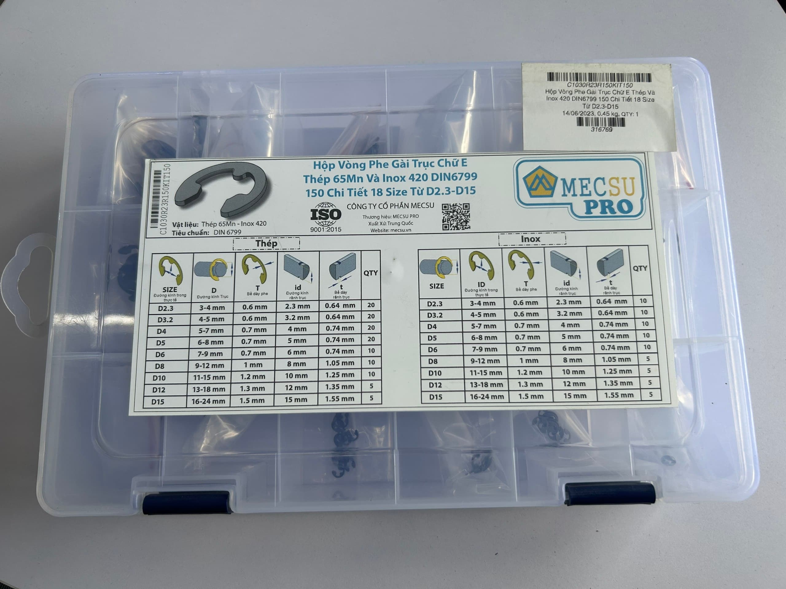 Hộp Vòng Phe Gài Trục Chữ E Thép Và Inox 420 DIN6799 150 Chi Tiết 18 Size Từ D2.3-D15