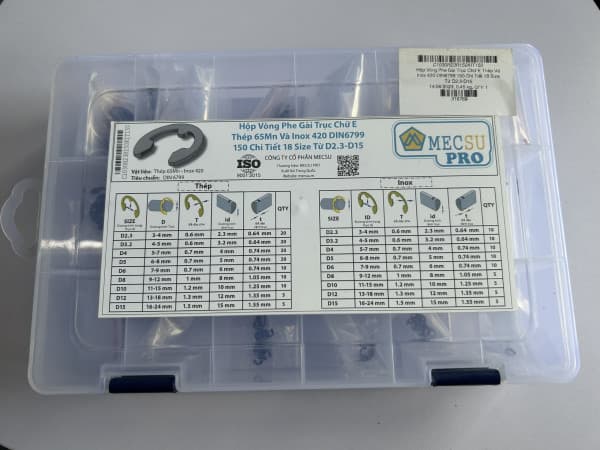 Hộp Vòng Phe Gài Trục Chữ E Thép Và Inox 420 DIN6799 150 Chi Tiết 18 Size Từ D2.3-D15