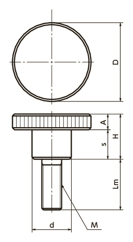 Bản vẽ kỹ thuật Núm Vặn Tròn Khía Inox Ren Ngoài OD12 M3x16 NBK Dòng KNMS